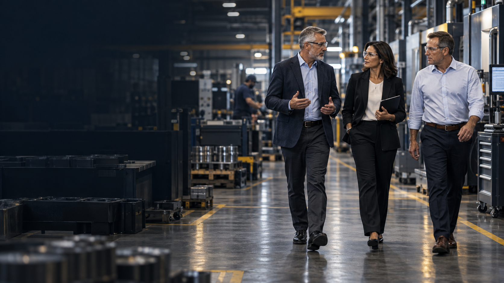 Executive advisors walking through a modern manufacturing facility